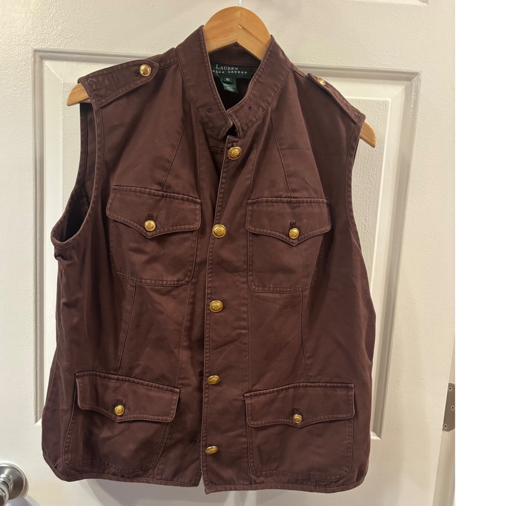 Lauren Ralph Lauren Brown Utility Vest Gold Crest Button Military Safari ~SZ 16